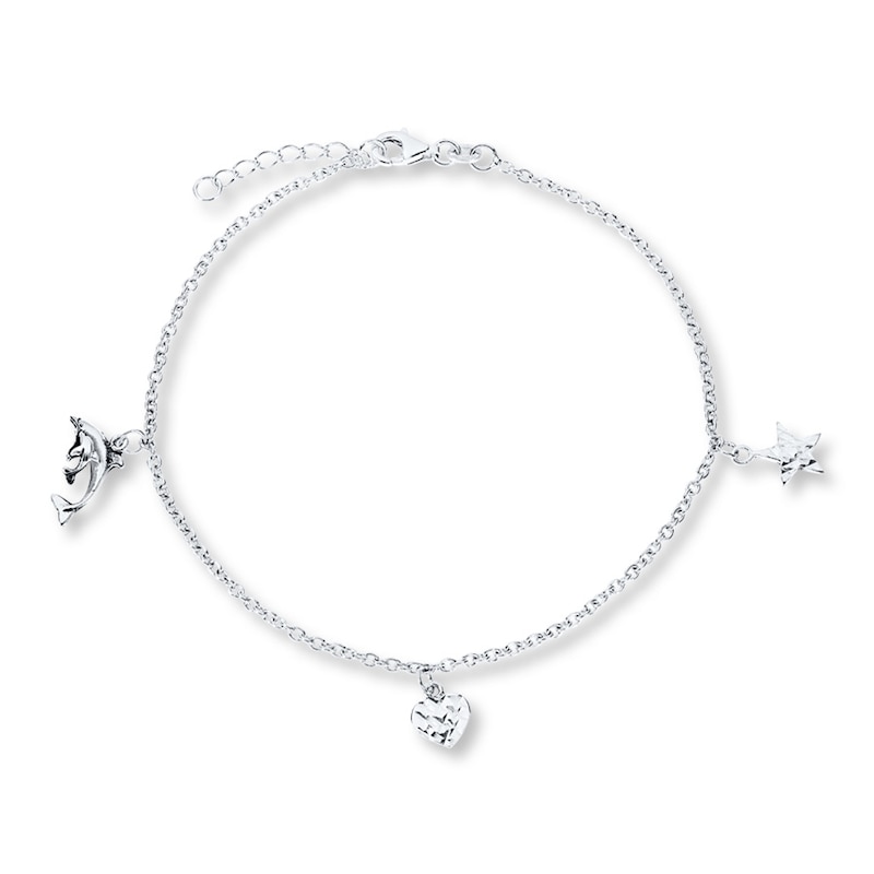 Heart, Star, and Dolphin Anklet Sterling Silver 9"
