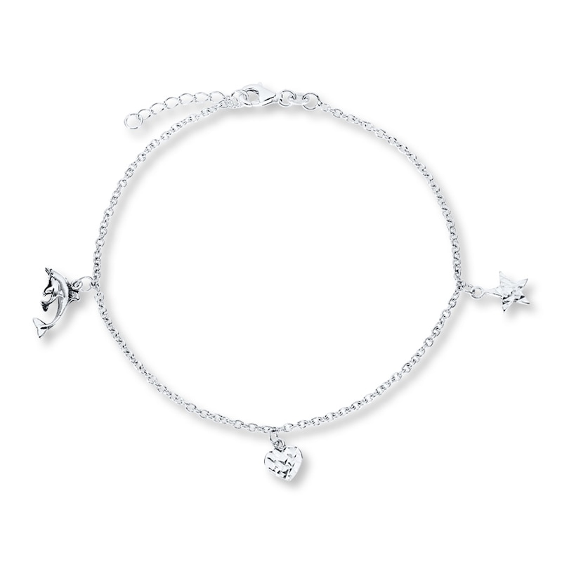 Main Image 1 of Heart, Star, and Dolphin Anklet Solid Sterling Silver 9&quot;