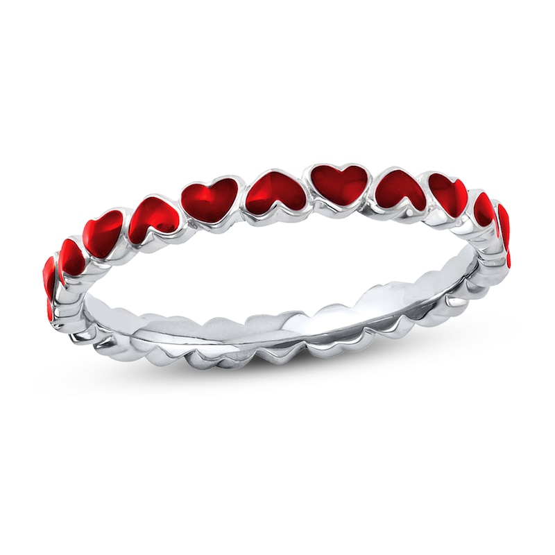 Stackable Ring Red Enamel Hearts Sterling Silver