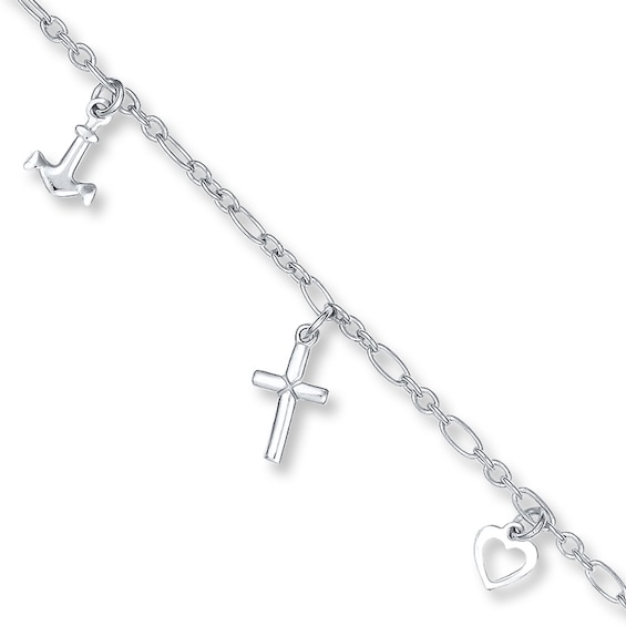 Heart, Cross, amd Anchor Anklet Solid Sterling Silver 10"