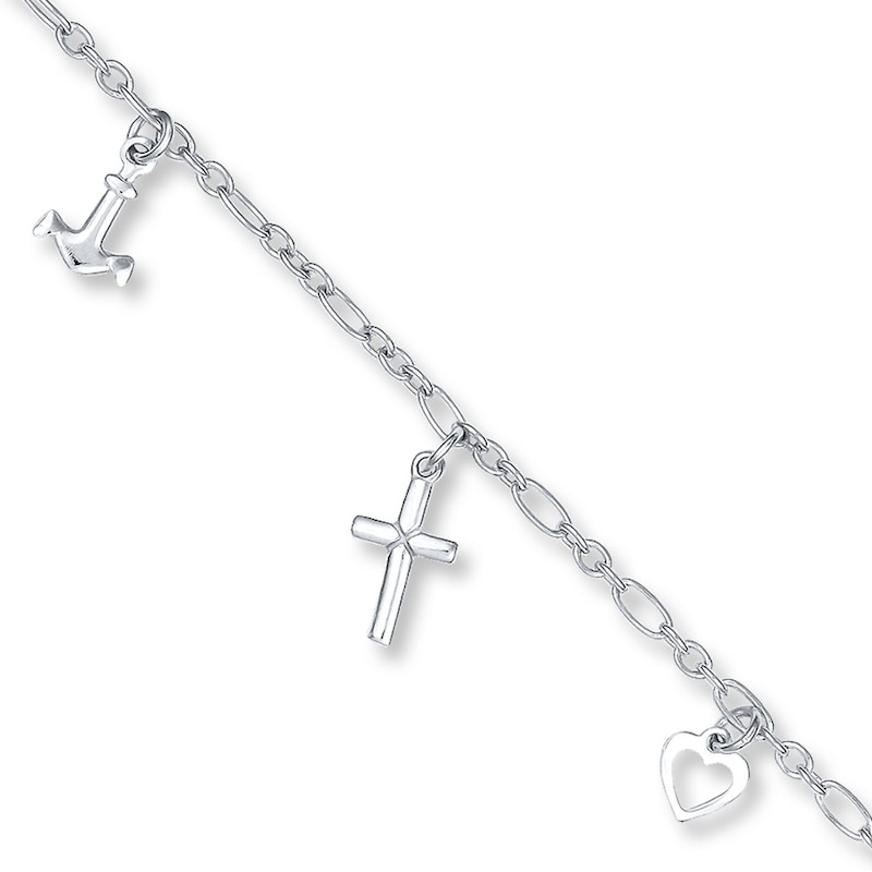 Heart, Cross, amd Anchor Anklet Sterling Silver 10"