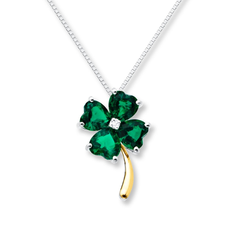Main Image 1 of Clover Necklace Lab-Created Emerald Sterling Silver/10K Gold