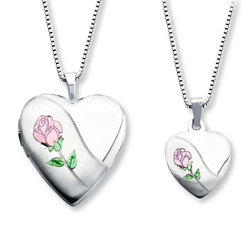 Mother/Daughter Necklaces Heart with Rose Sterling Silver