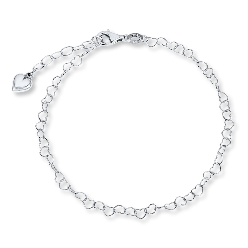 Main Image 1 of Puffed Heart Charm Anklet Semi-Solid Sterling Silver 9&quot;