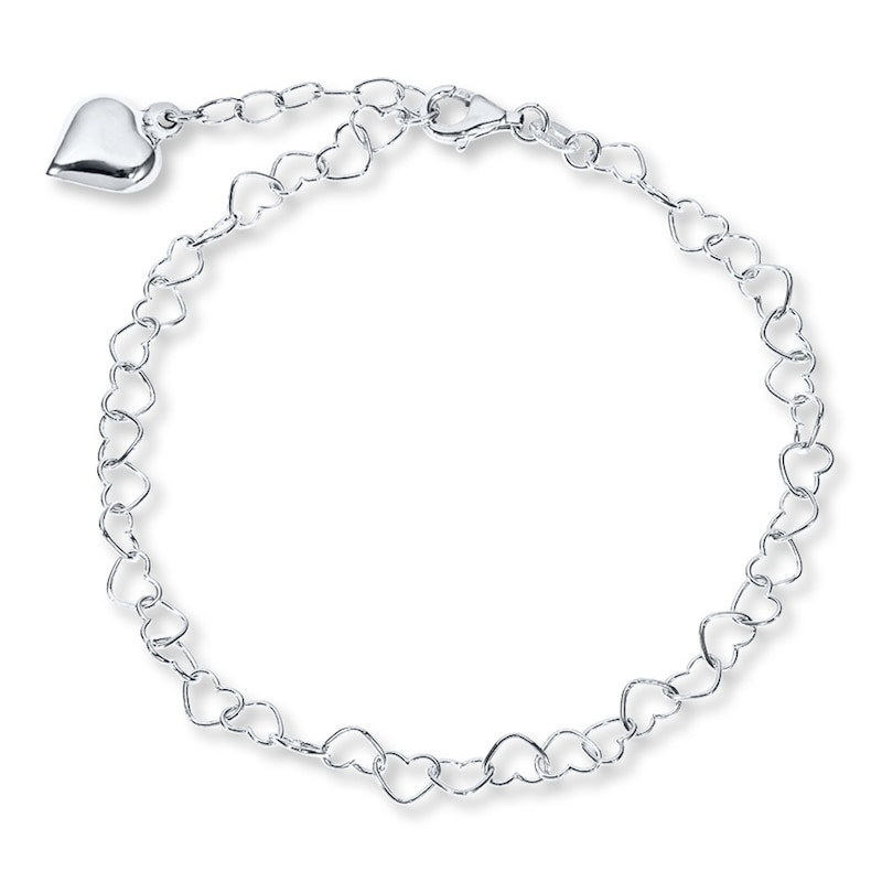 Puffed Heart Charm Anklet Sterling Silver 9"