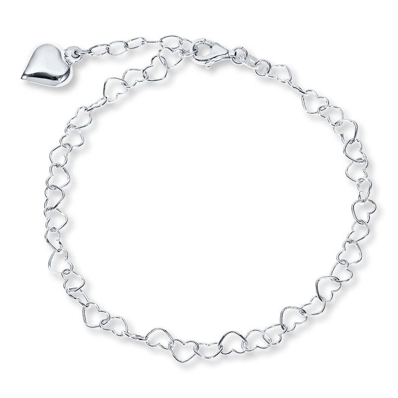 Main Image 1 of Puffed Heart Charm Anklet Semi-Solid Sterling Silver 9&quot;