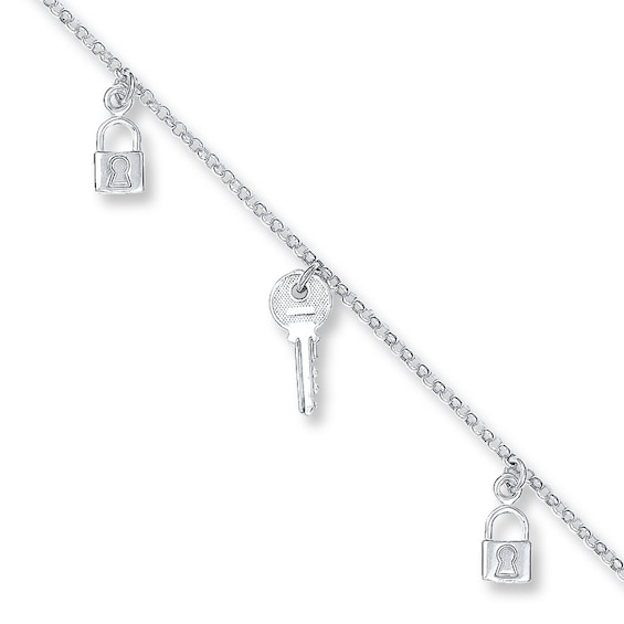 Lock & Key Anklet Solid Sterling Silver 10"