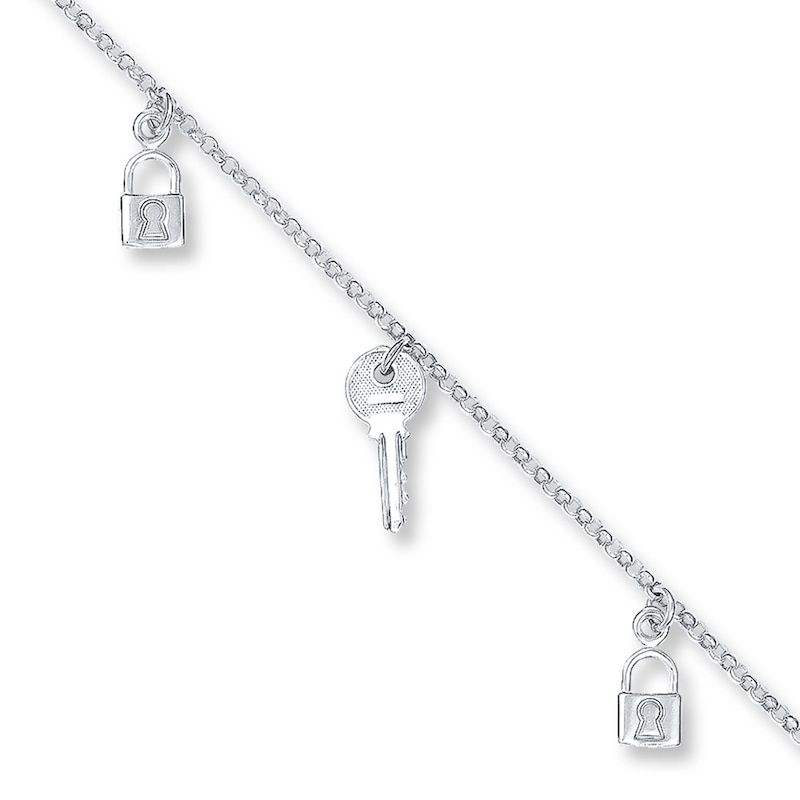 Main Image 1 of Lock & Key Anklet Solid Sterling Silver 10&quot;