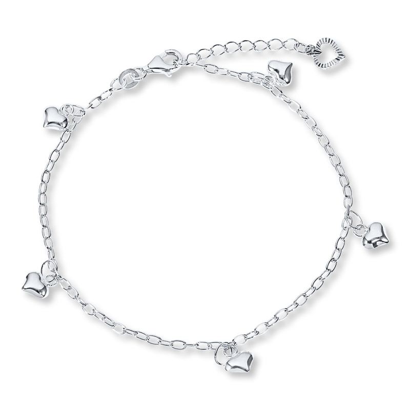 Puffed Heart Anklet Sterling Silver 9"