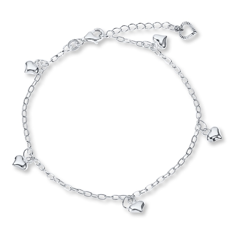 Main Image 1 of Puffed Heart Anklet Solid Sterling Silver 9&quot;