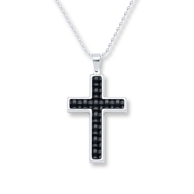 Men's Cross Necklace Leather Accent Stainless Steel