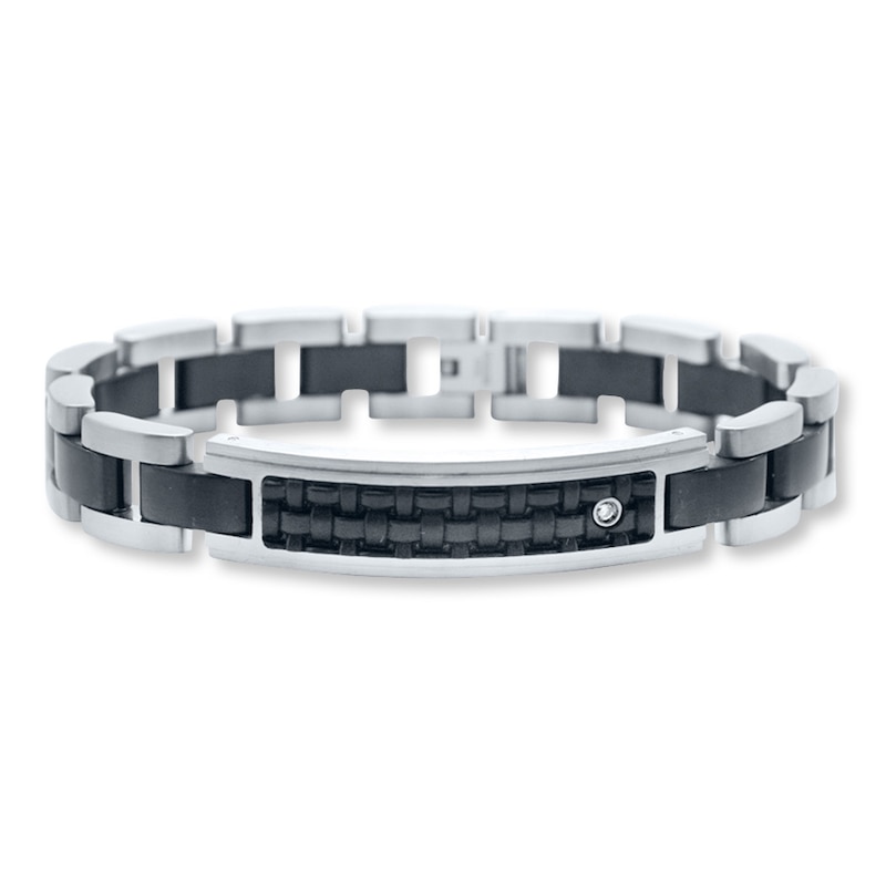 Main Image 1 of Men's Bracelet Diamond Accent Stainless Steel & Leather 8.5&quot;