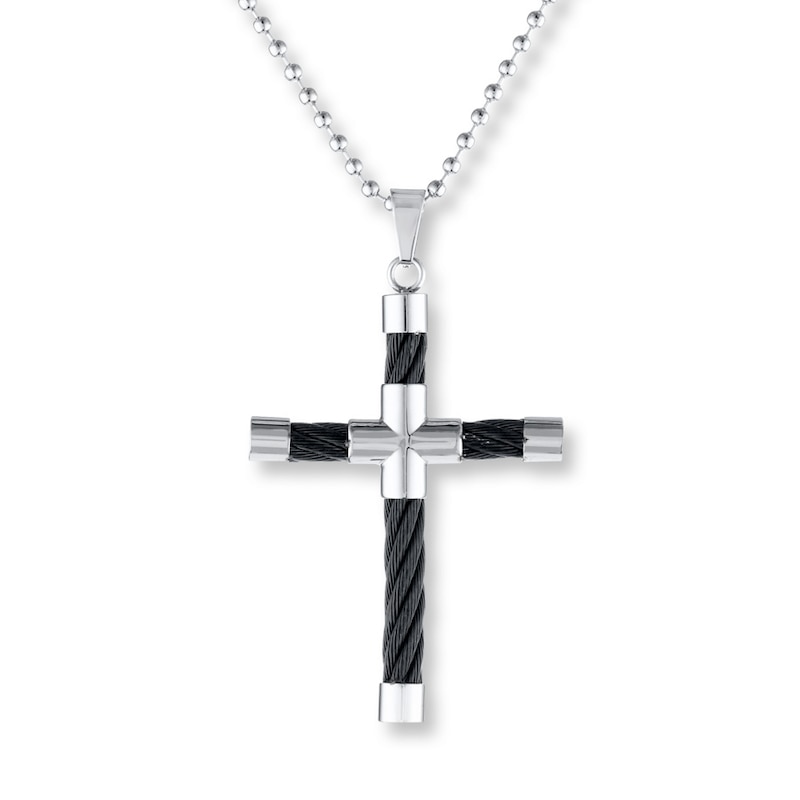 Main Image 1 of Men's Cross Necklace Stainless Steel Black Cable
