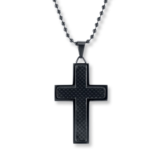 Men's Cross Necklace Black Stainless Steel 22"