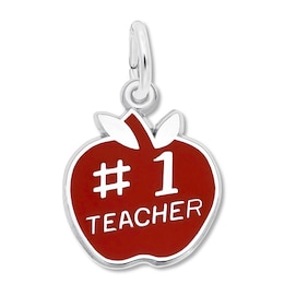 #1 Teacher Apple Charm Red Enamel Sterling Silver