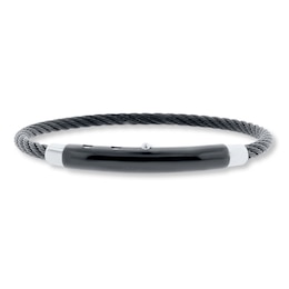 Men's Bracelet Stainless Steel Black Leather 8"