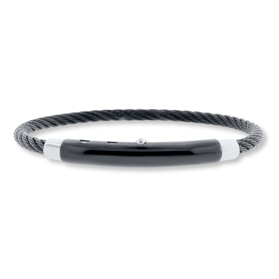 Men's Bracelet Stainless Steel Black Leather 8"