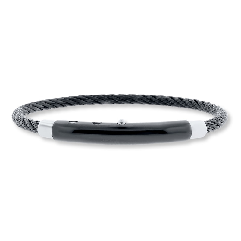 Main Image 1 of Men's Bracelet Stainless Steel Black Leather 8&quot;