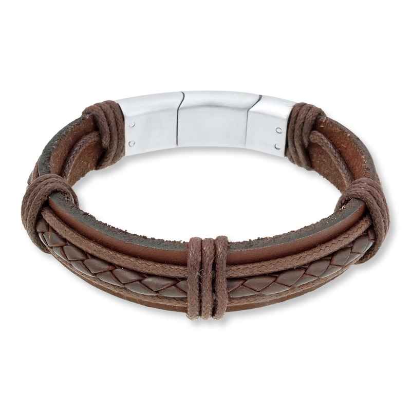 Main Image 1 of Men's Bracelet Stainless Steel Brown Leather