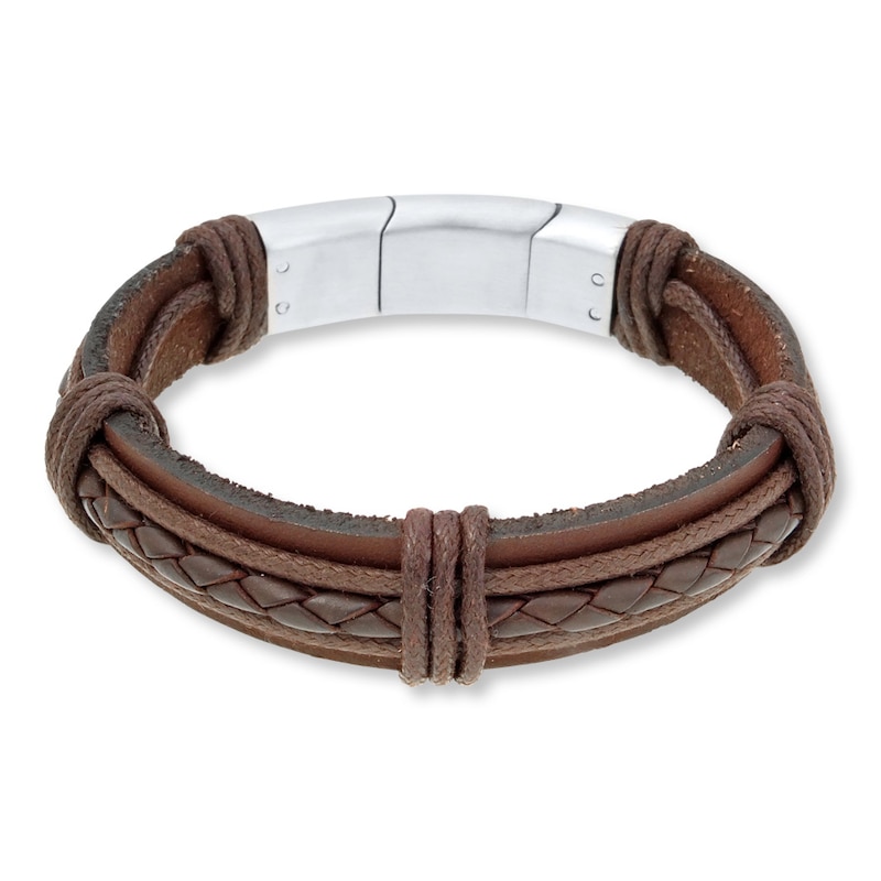 Men's Bracelet Stainless Steel Brown Leather