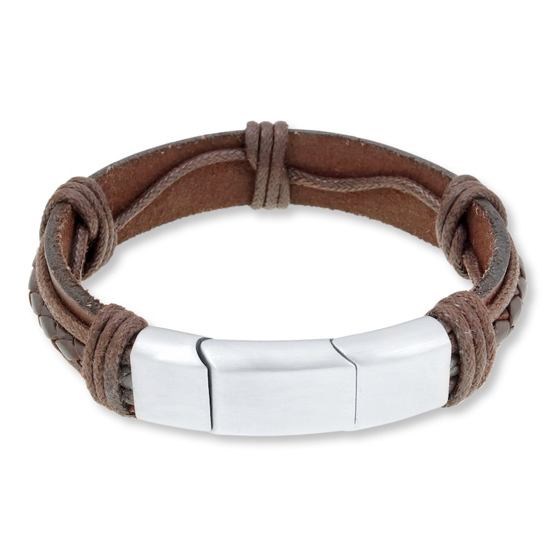 Men's Bracelet Stainless Steel Brown Leather