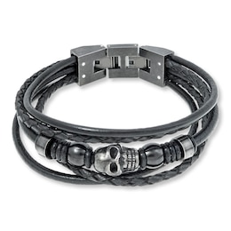 Men's Skull Bracelet Stainless Steel Black Leather 9"
