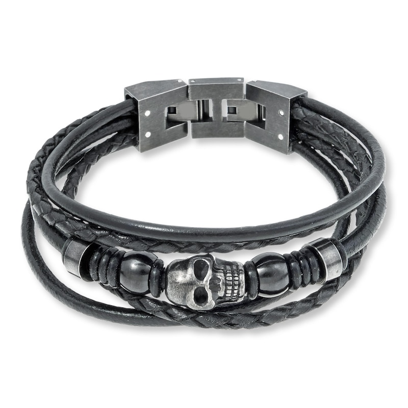 JF.JEWELRY Mixed Stackable Braided Leather Cuff Bracelet for Men with Skull Charms,Adjustable 