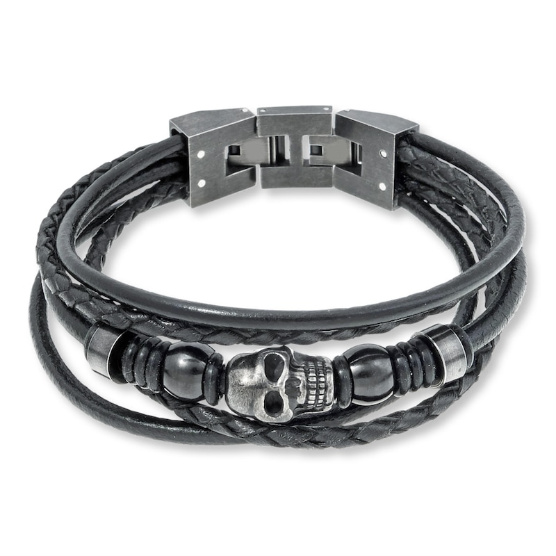 Men's Skull Bracelet Stainless Steel Black Leather 9"