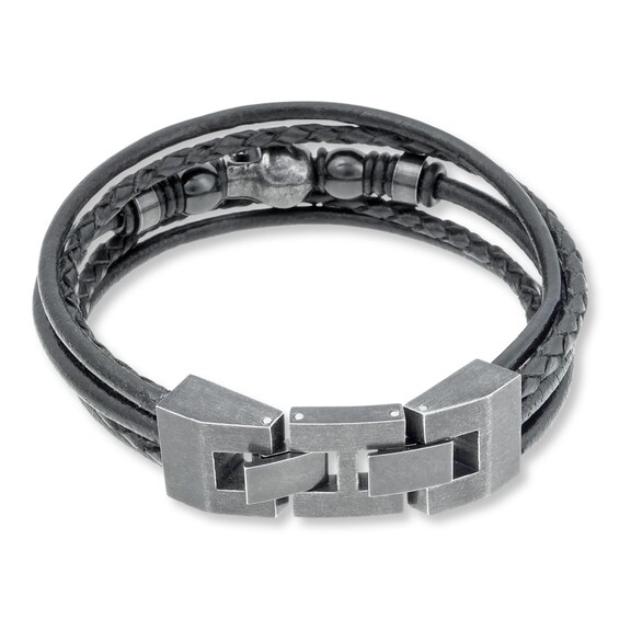 Men's Skull Bracelet Stainless Steel Black Leather Kay