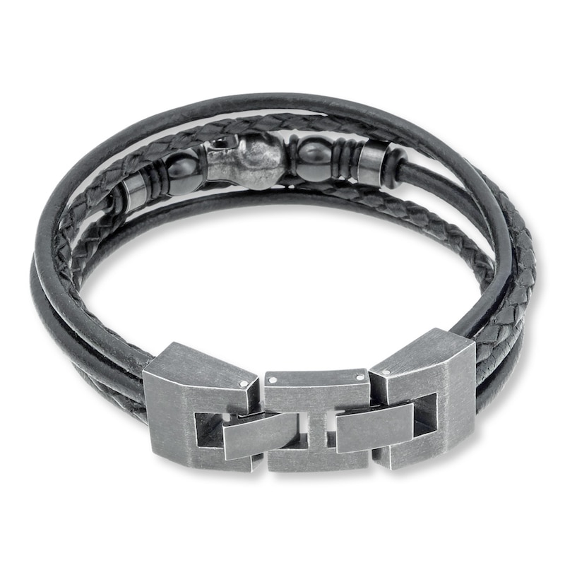 Main Image 2 of Men's Skull Bracelet Stainless Steel Black Leather 9&quot;