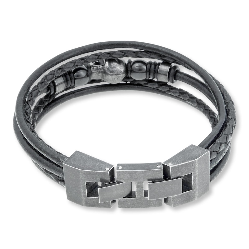 Men's Skull Bracelet Stainless Steel Black Leather 9"