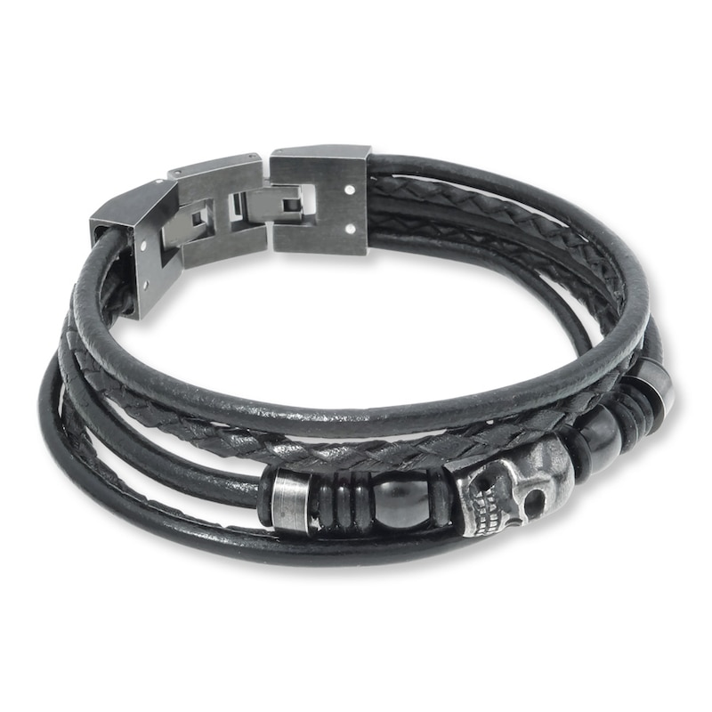 Men's Skull Bracelet Stainless Steel Black Leather 9"