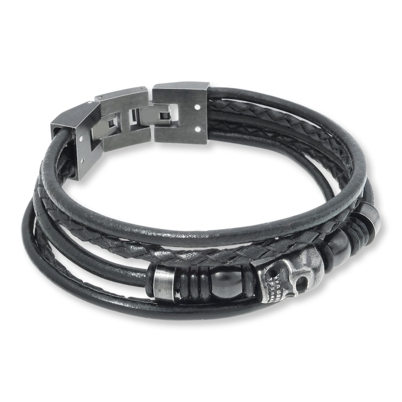 Main Image 3 of Men's Skull Bracelet Stainless Steel Black Leather 9&quot;