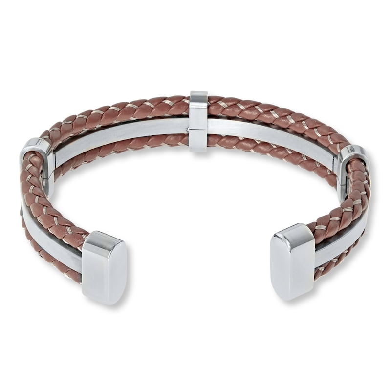 Main Image 2 of Men's Bracelet Brown Leather Stainless Steel