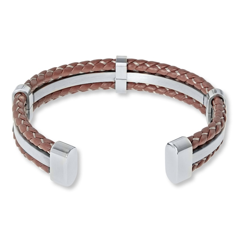 Men's Bracelet Brown Leather Stainless Steel