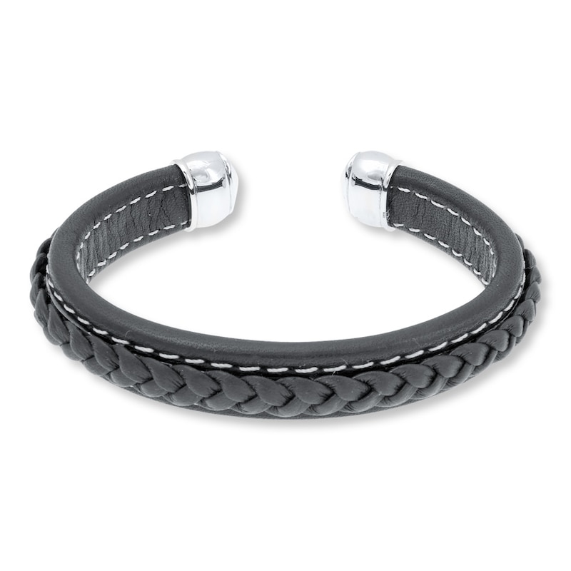 Main Image 1 of Men's Bracelet Black Leather Stainless Steel