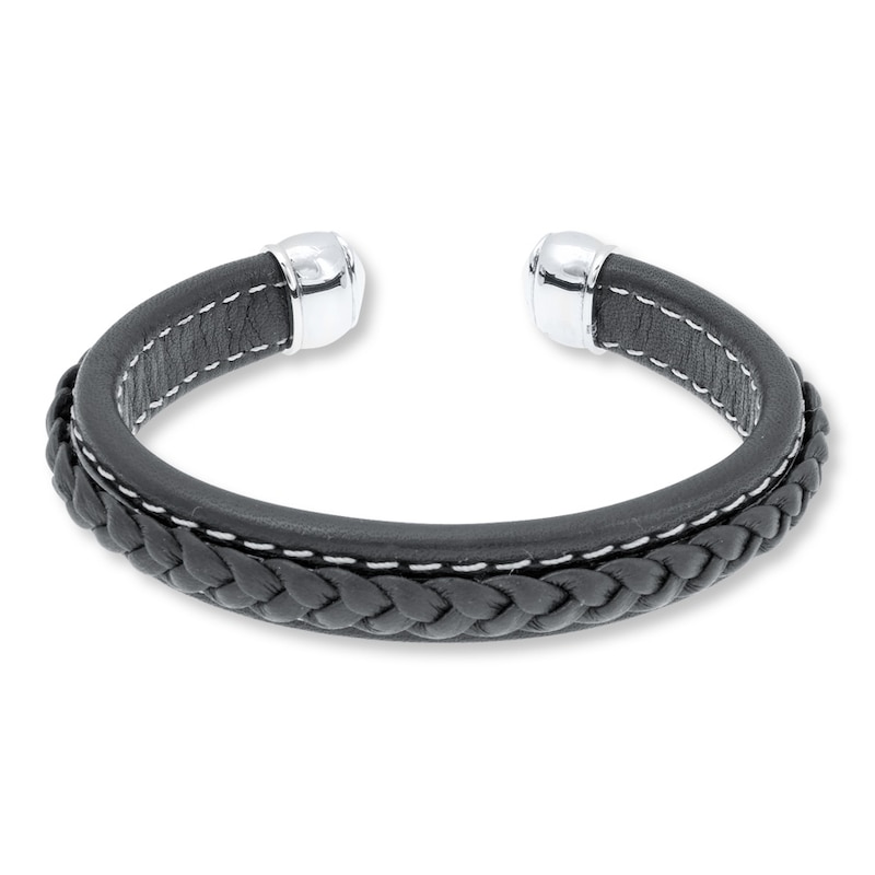 Men's Bracelet Black Leather Stainless Steel