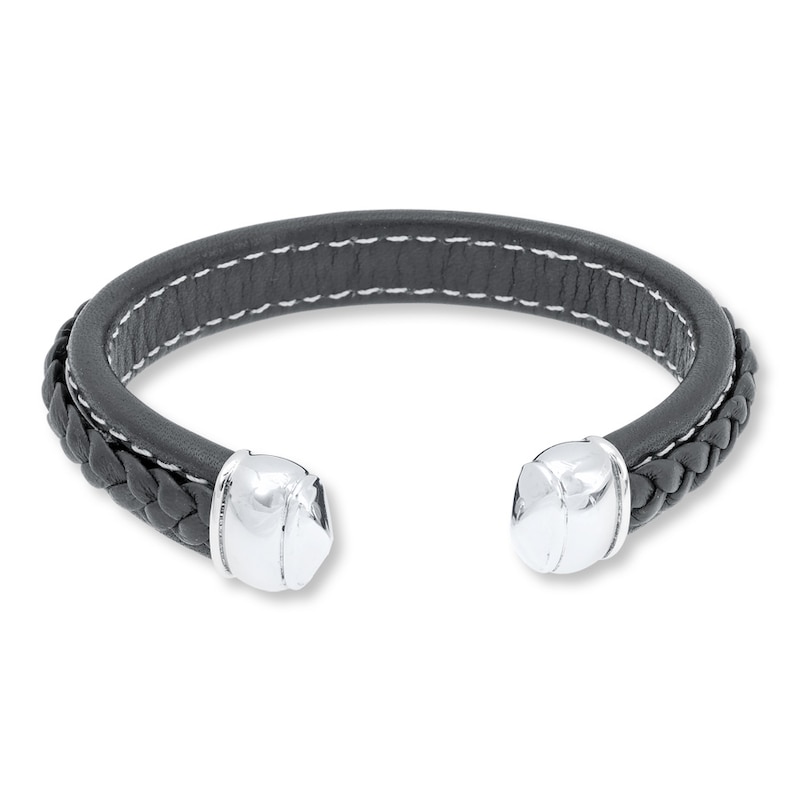 Men's Bracelet Black Leather Stainless Steel