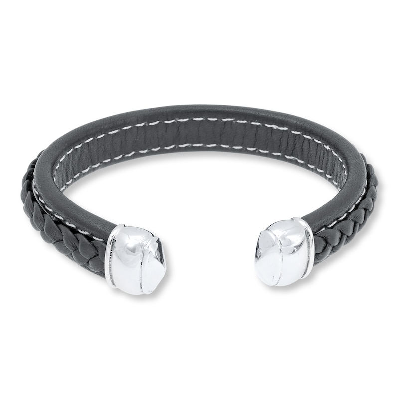 Main Image 2 of Men's Bracelet Black Leather Stainless Steel