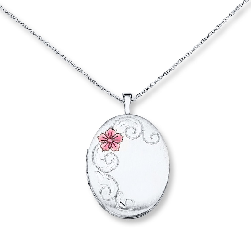 Main Image 1 of Oval Locket Necklace Flower Sterling Silver