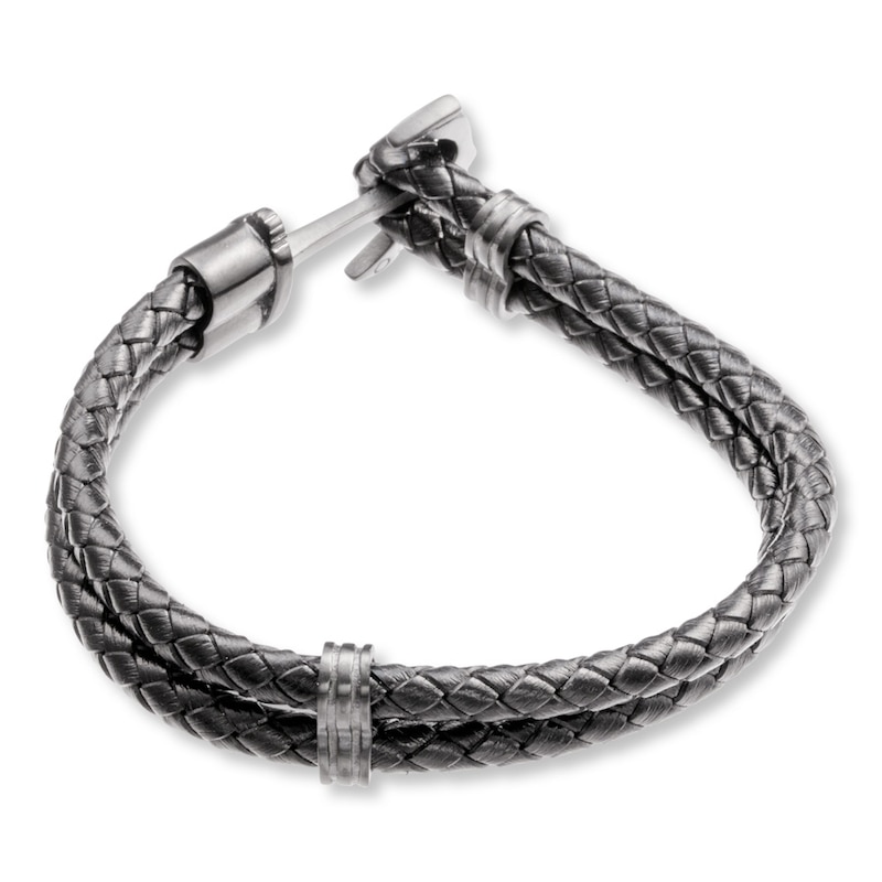 Men's 3-Layer Blue & Grey Braided Leather Bracelet with Stainless Steel