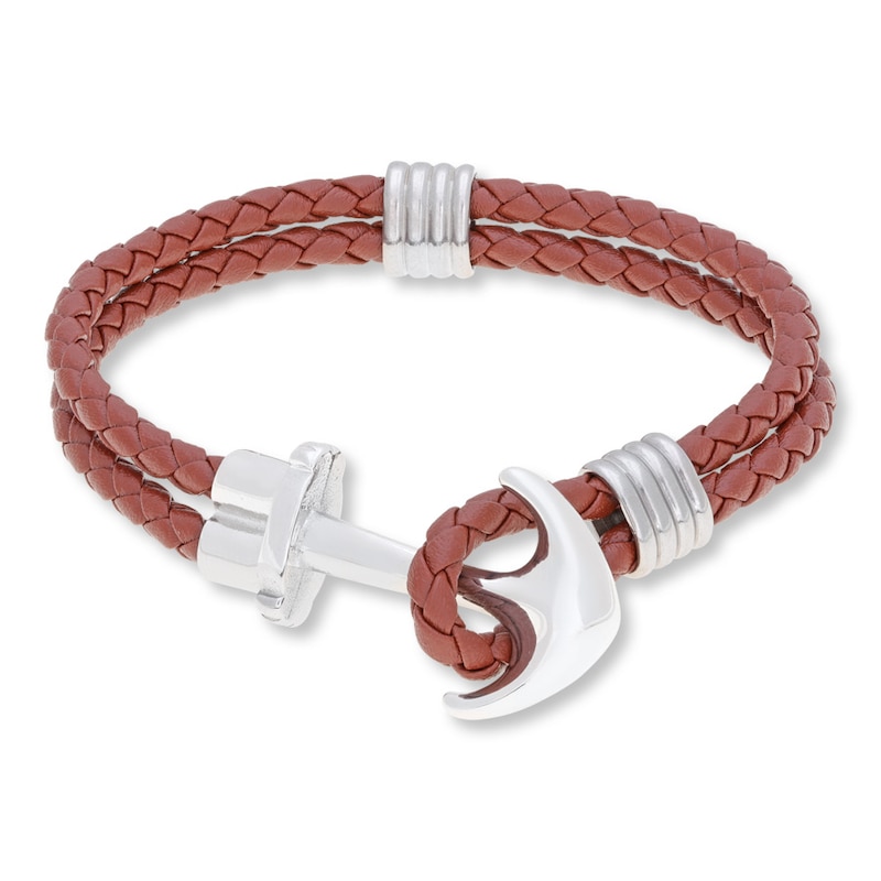 Men's Anchor Bracelet Leather & Stainless Steel 8.5"