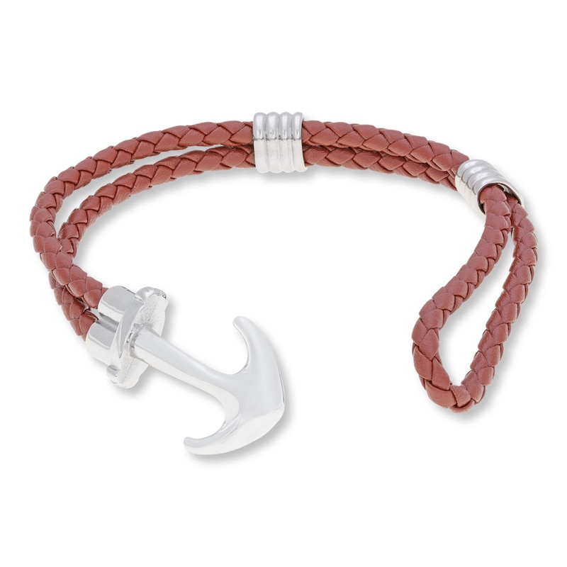 Main Image 2 of Men's Anchor Bracelet Leather & Stainless Steel 8.5&quot;