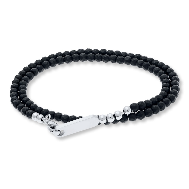 Men's Black Onyx Beaded Bolo Bracelet Stainless Steel