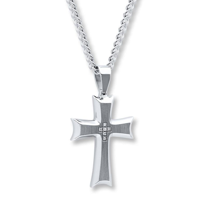 Main Image 3 of Men's Diamond Cross Necklace 1/20 ct tw Round-cut Stainless Steel 24&quot;