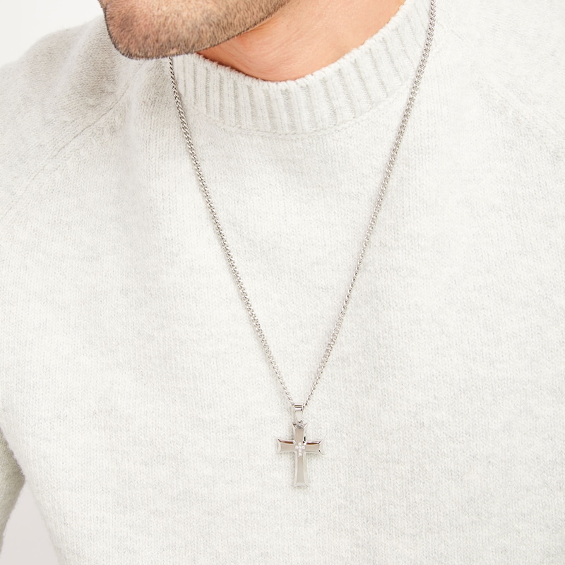 Main Image 5 of Men's Diamond Cross Necklace 1/20 ct tw Round-cut Stainless Steel 24&quot;