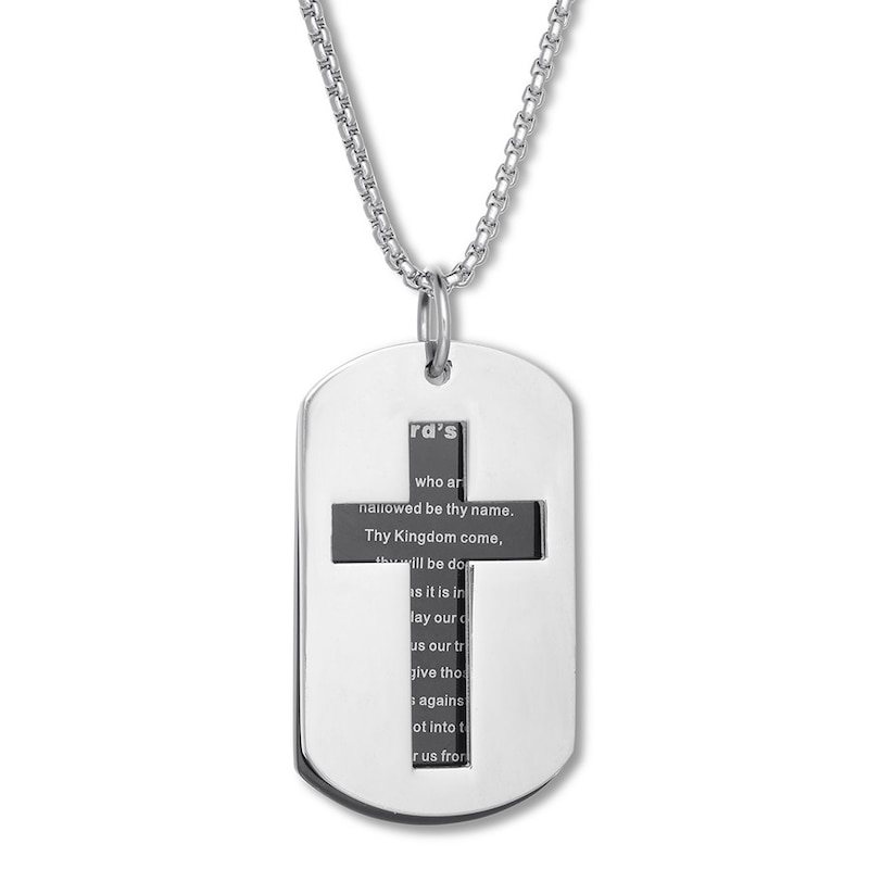 Dog Tag Cross Necklace Black Ion-Plated Stainless Steel 24"