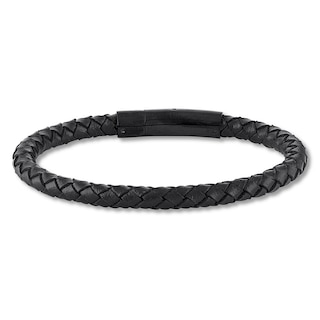 Men's Black Leather Bracelet Stainless Steel 8.5