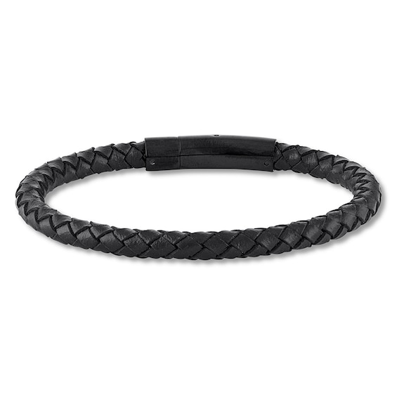 Men's Black Leather Bracelet Stainless Steel 8.5"