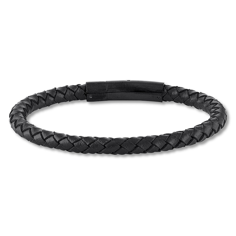 Main Image 1 of Men's Black Leather Bracelet Stainless Steel 8.5&quot;